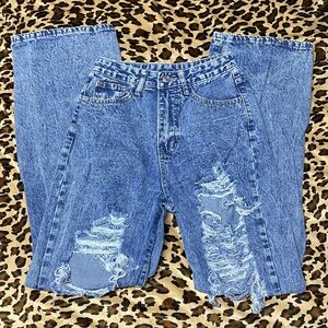 EUC SHEIN Distressed Destroyed Ripped Denim Jeans Bottoms Y2K Baggy Straight Leg